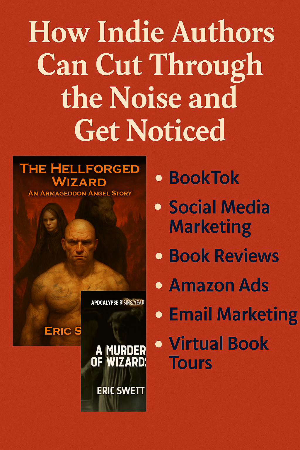 Marketing tips for indie authors with a list of book promotion strategies like BookTok, Social Media Marketing, and Amazon Ads.